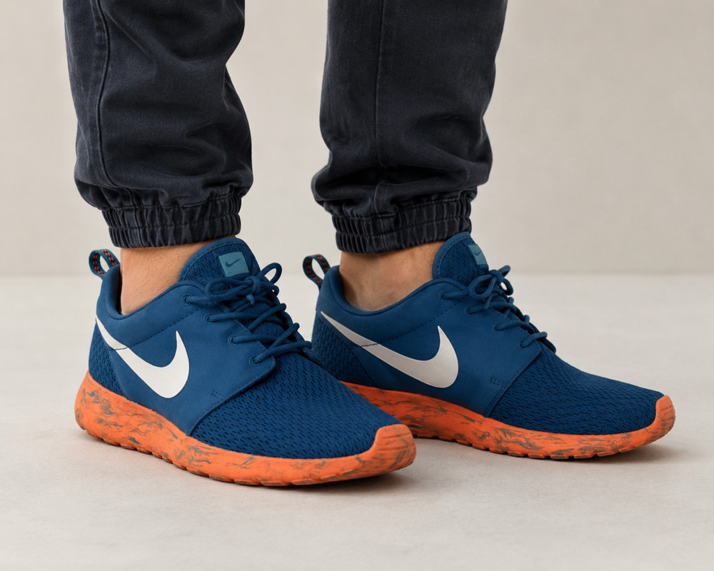 Nike Roshe Run Shoe 669985-400 Marble Military Blue Orange White Mens 8.5